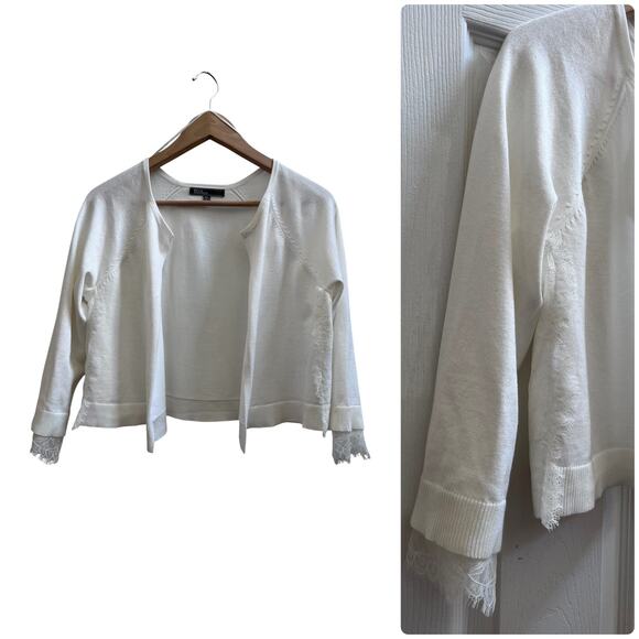 89th & Madison Ivory Lace Detail Rib Trim Open Crop Cardigan Petite Size XL - Picture 1 of 10